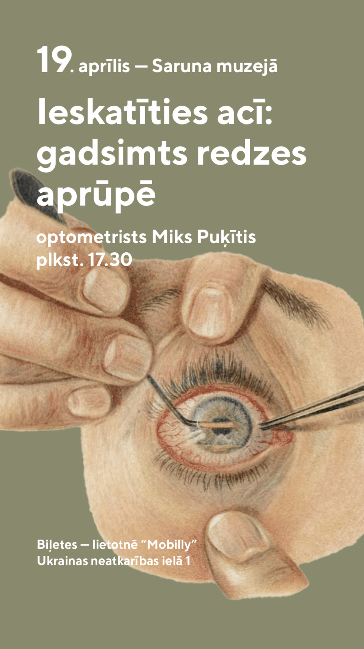 Krāsaina litogrāfija, kur centrāli attēlota acs, kas ar pirkstiem tiek stiepta vaļā, lai veiktu operāciju pēc svešķermeņa iekļūšanas acī, un secīgas infekcijas